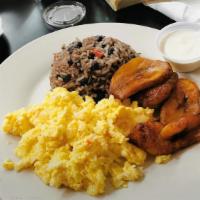 Gallo Pinto · Rice and Beans, Egg and sweet plantains.
