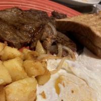 Steak Platter · Two eggs any style, hand cut and trimmed sirloin steak served with home fries and your choic...