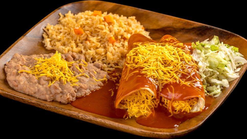 Two Enchiladas · Two cheese enchiladas served with lettuce, rice, and beans.
