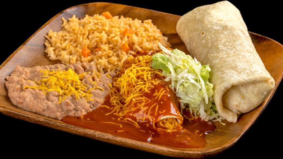 Burrito And Enchilada · Shredded beef burrito with bell peppers, tomatoes, and onions. Cheese enchilada with lettuce. Served with rice and beans.