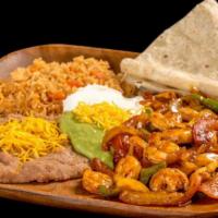 Camarones Rancheros · Shrimp with bell peppers, tomatoes, and onion. Served with guacamole, sour cream, lettuce, b...