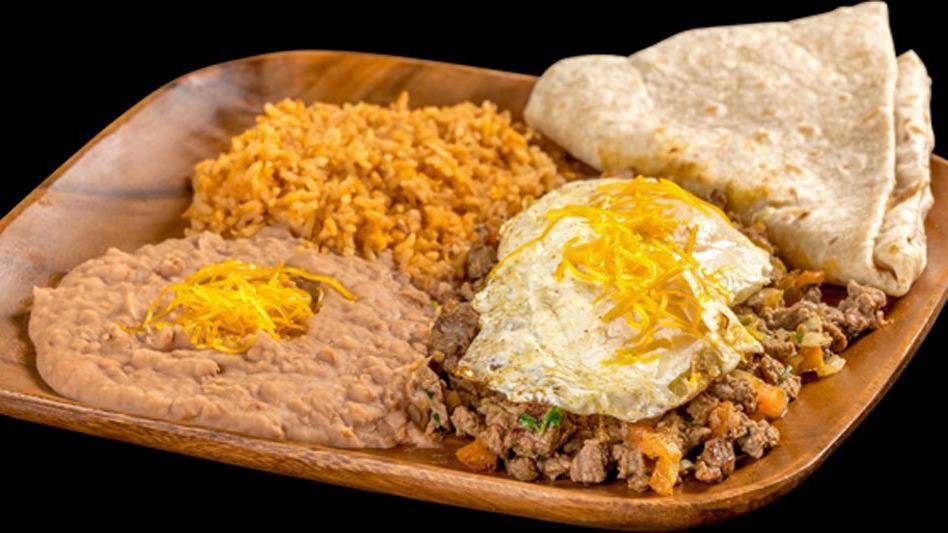 Steak Ranchero · Steak, eggs, and pico de gallo. Served with rice and beans.

Consuming raw or undercooked meats, poultry, seafood, shellfish, or eggs may increase you risk food borne illness.