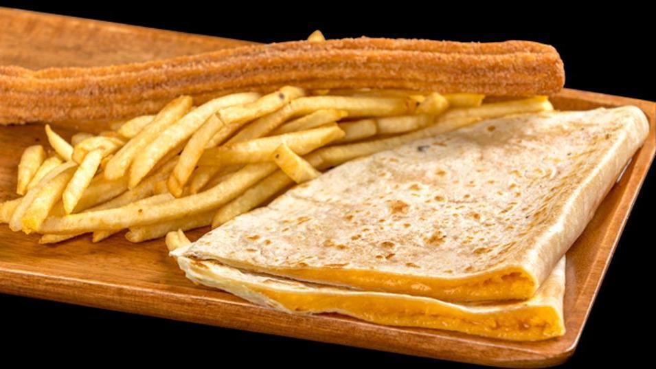 Jr Quesadilla With French Fries · Jr cheese quesadilla served with french fries and a churro.