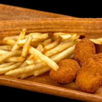 Chicken Nuggets And Fries · Five chicken nuggets served with french fries and a churro.