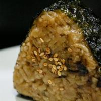 Charshu Onigiri · Roast pork rice ball seasoned with sesame seed wrapped in nori, with a side of spicy mayo.