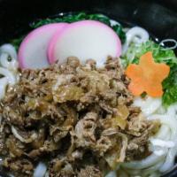 Beef Udon · Fish broth and udon topped with marinated sliced beef, caramelized onion, seasonal veggie, f...