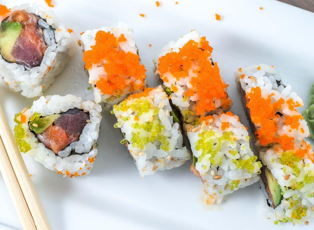 Key West Roll · Salmon, tuna, avocado and fish roe on top.