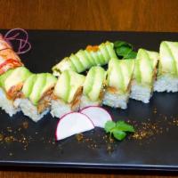 Star River · Lobster tempura and spicy crab top with spicy tuna and avocado, eel sauce, and spicy mayonna...