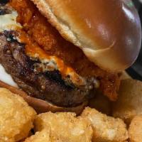 Buffalo Chicken Burger · 7oz burger, buffalo tenders, blue cheese, gorgonzola, celery