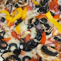 Veggie Pizza · cheese, tomato, peppers, onions, olives, mushrooms