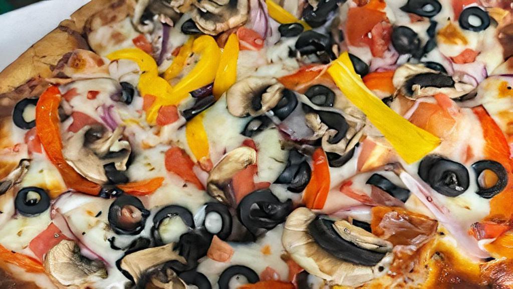 Veggie Pizza · cheese, tomato, peppers, onions, olives, mushrooms