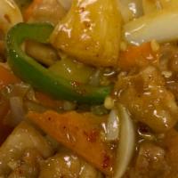 Polynesian Chicken Curry · Spicy pineapple, green peppers, and onions in a curry sauce.