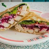 Greek Chicken Roll-Up · Grilled chicken breast wrapped in a tortilla w/ lettuce, tomatoes, beets, onions, Kalamata o...