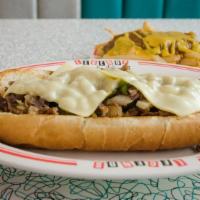 Philly Cheesesteak · Six ounces of Philly steak topped with swiss cheese, grilled onions, and green peppers on an...