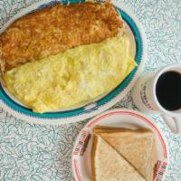 Legends Omelette · Bacon, ham, sausage, American, and swiss cheese.