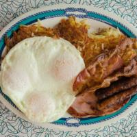 #5 Big Man · Three eggs, two strips of bacon, two sausage links, one slice of ham, hashbrowns or grits, a...