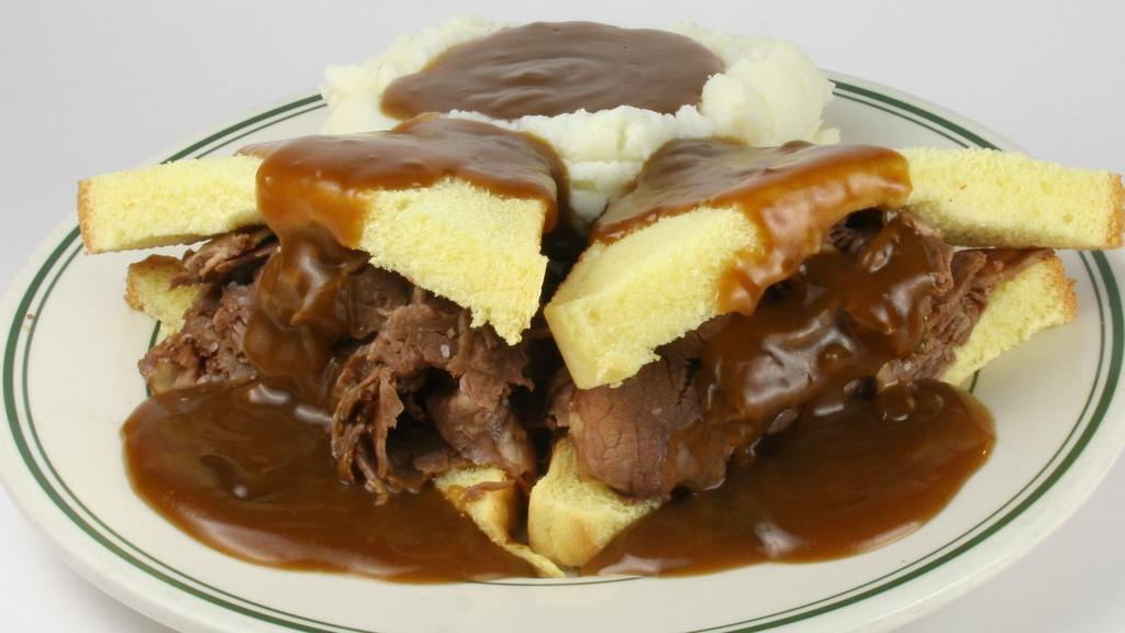 Hot Beef Smothered Sandwich · Tender beef on Texas bread with buttery mashed potatoes smothered with our roasted homemade beef gravy.