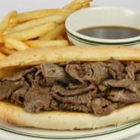 French Dip Hoagie · French dip hoagie beef piled high and covered with swiss cheese. Served with au jus for dipp...