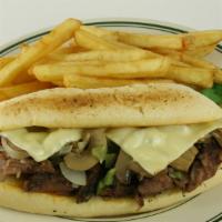 Philly Cheese Steak Hoagie · A mound of beef, mushrooms, onions, and peppers with melted Swiss cheese.