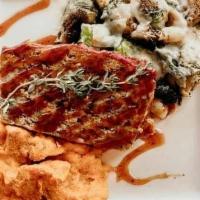 Turkey Meatloaf · Ground turkey meatloaf, sautéed brussels sprouts, roasted sweet potatoes.