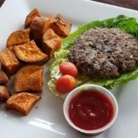 Grass-Fed Burger Meal · Grass-fed beef patty (5 oz), sweet potato bites, romaine leaf bun. Calories: 357, carbohydra...