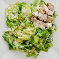 Chicken Caesar Salad · Romaine lettuce, parmesan, herb-sprinkled chicken, Caesar dressing.
