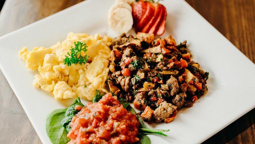 Turkey Breakfast Hash · Eggs, lean turkey sausage, roasted sweet and white potatoes, roasted peppers. Calories: 286, carbohydrates: 14 g, fiber: 1 g, protein: 25 g, and fats: 11 g.