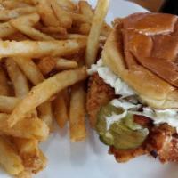 Mezzie Burger · Fried chicken, jalapeno slaw, chipotle aioli.