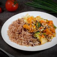 Vegetable Stew Dinner · Carrots, potatoes , mixed vegetables, black eye peas, plantains, pumpkins, tomatoes, onions ...