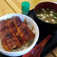Unagi Donburi · Unagi (Japanese freshwater eel) over bed of gohan (rice), topped with unagi sauce (sweetened...