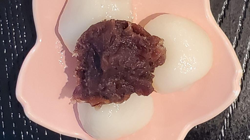 Shiratama Dango (3 Pcs.) · 3 small in-house made mochi (rice dumplings). Add red bean for an additional charge.

Shown with redbean.