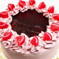 Raspberry · Yellow cake with vanilla flavor and raspberry buttercream icing. Decorated with candied rasp...