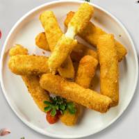 Mozzarella Fried Bliss · Mozzarella cheese sticks battered and fried until golden brown.