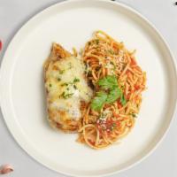 Chunky Parm Pasta (Spaghetti) · Freshly baked chicken parmesan served with rossa (red) sauce spaghetti and drizzled with par...