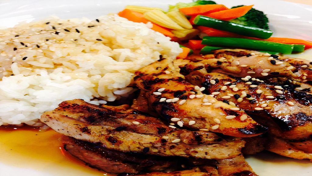 Chicken Teriyaki · Grilled chicken with teriyaki flavor. Served with steamed vegetables and rice.