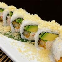 Crunch Roll · In: shrimp tempura, crab meat, avocado, cucumber out: crunch crumbs (eel sauce).