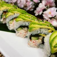 Caterpillar Roll · In: freshwater eel, crab meat, cucumber out: avocado (eel sauce).