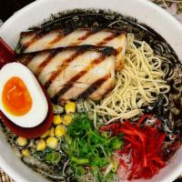 Black Ramen · Roasted black garlic flavor with pork broth, green onion, soft boiled egg, bean sprout, swee...