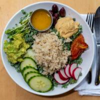 Buddha Salad · Vegan, vegetarian, gluten friendly. Steamed organic brown rice, organic kale, radish, cucumb...