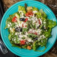 Mediterranean Salad · Lettuce, mixed greens, roasted red peppers, tomatoes, cucumbers, feta cheese, black olives, ...