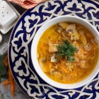 Mushroom Soup · Soup with portabello mushroom, barley and cauliflower