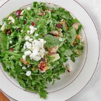 Janelle'S Salad · Arugula, goat cheese, dried cranberries, apple, chicken, candied walnuts, chef's vinaigrette.