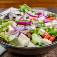 Greek Salad · Fresh mixed greens, red onion, feta cheese, black & green olive mix, cucumber and balsamic-o...
