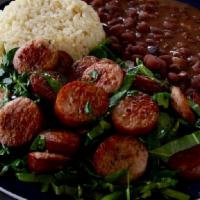 Prato Feito (Pf) Couve And Calabresa · Collard greens and smoked sausage with rice, Brazilian beans, and farofa.