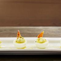 Deviled Bacon Eggs · Gluten-free. Candied Bacon, Pickled Mustard Seed, Chive.