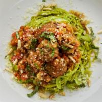 Spaghetti  & Meatballs · Italian Sausage - lamb meatballs, Basil Pesto, Roasted Tomato Sofrito, Toasted Pine Nuts