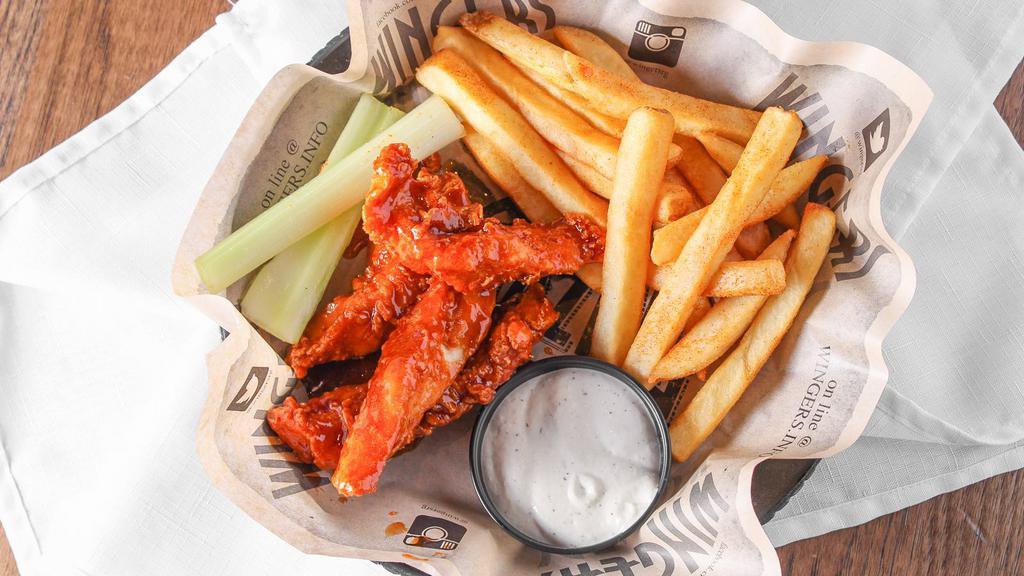 Sticky Finger Dinner · Our most popular dish for over twenty years. Four Famous Sticky Fingers smothered in the sauce of your choice with seasoned fries, accompanied with home made ranch and miso ginger coleslaw.