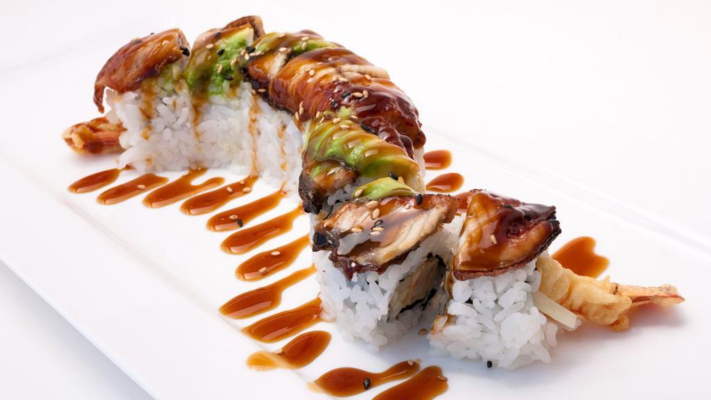 Dragon Roll · In: shrimp tempura and cucumber. Out: avocado and eel.