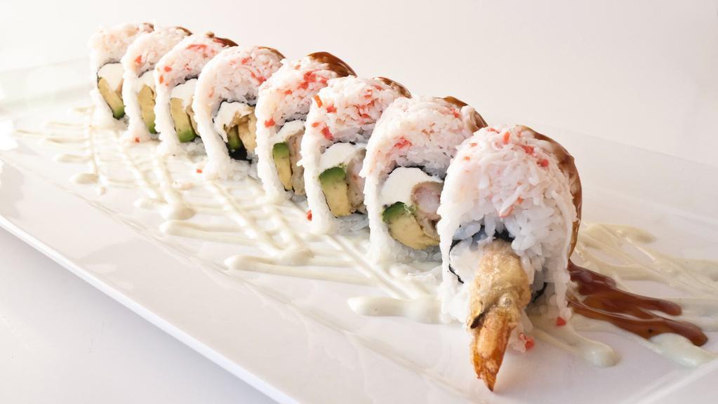 Snow White · In: shrimp tempura, avocado, and cream cheese. Out: crab meat.