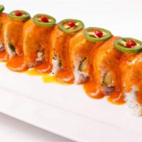 Royal Casino · In: shrimp tempura, cream cheese, and avocado. Out: spicy tuna, baked salmon and jalapeno.